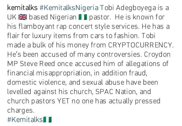 Kemi Olunloyo reveals things about Pastor Tobi Adegboyega