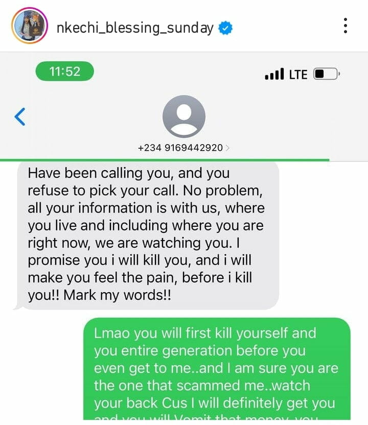 Nkechi Blessing receives death threats from scammer 