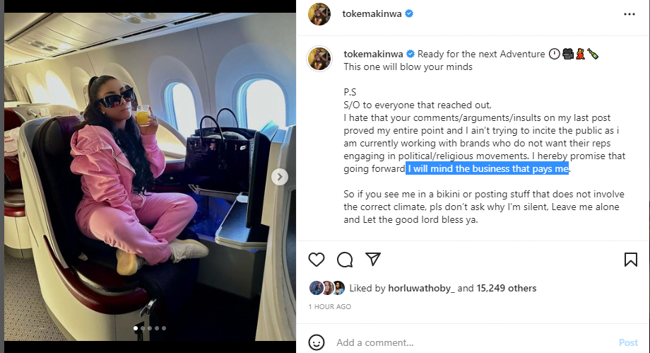 Toke Makinwa Jets off on new adventure unbothered, after critics troll her for comparing Peter Obi's supporters to thugs
