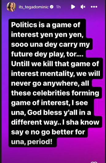 BBNaija's Tega makes special prayer for celebrities forming politics is a game of interest