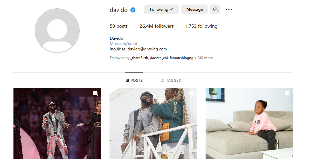 Davido shocks fans as he deletes his profile picture and posts except three
