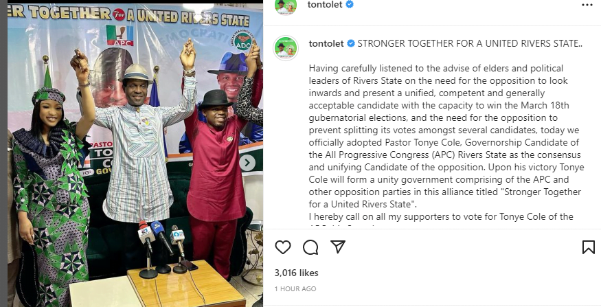 Fans react after Tonto Dikeh surrenders Governorship seat