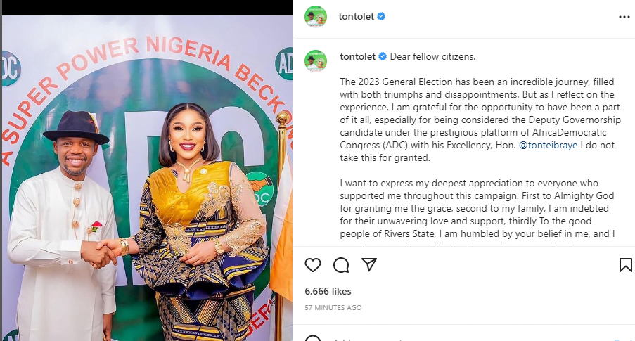 Tonto Dikeh pens heartfelt note to fans for supporting her political career
