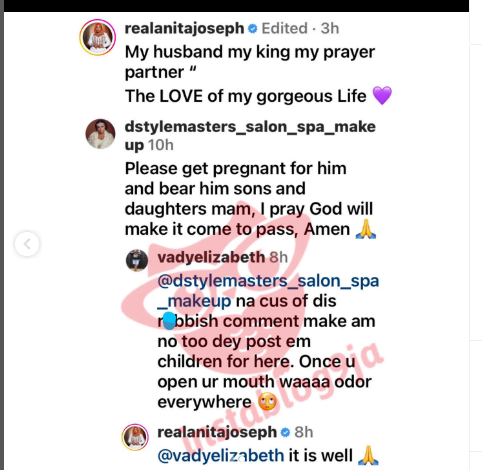 Actress Anita Joseph replies fan who shade her for not having kids for her husband