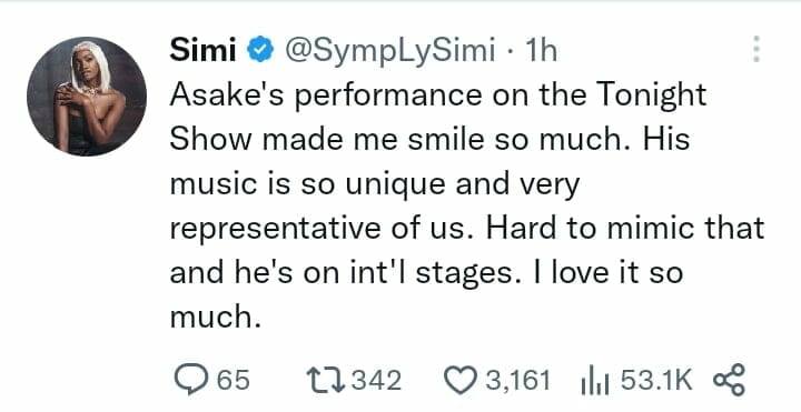 Simi praises Asake's performance on Tonight Show