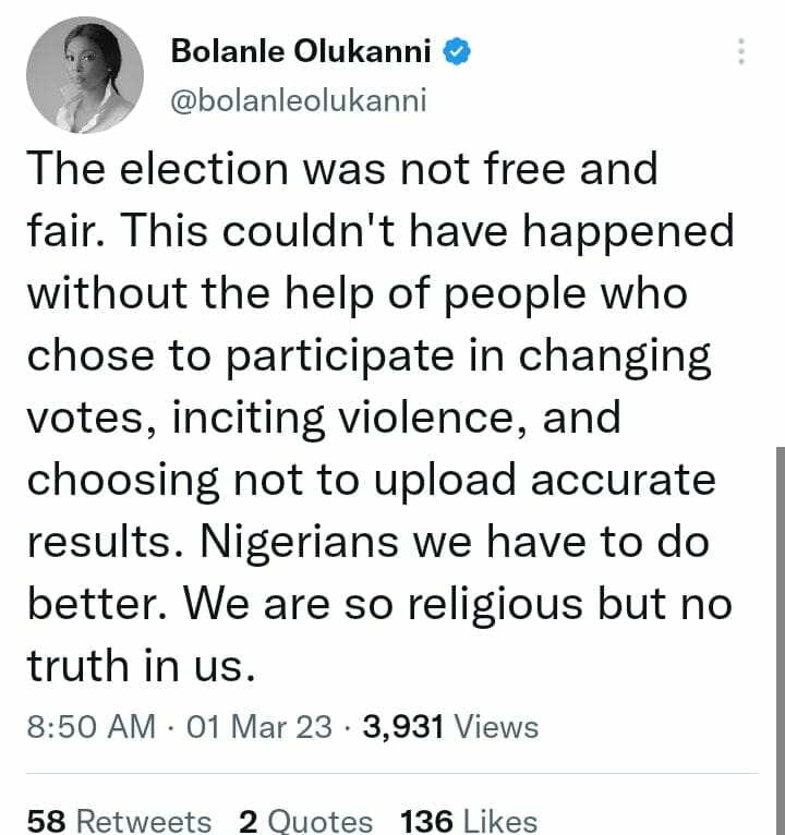 Bolanle Olukanni on CNN said the election wasn't free and fair