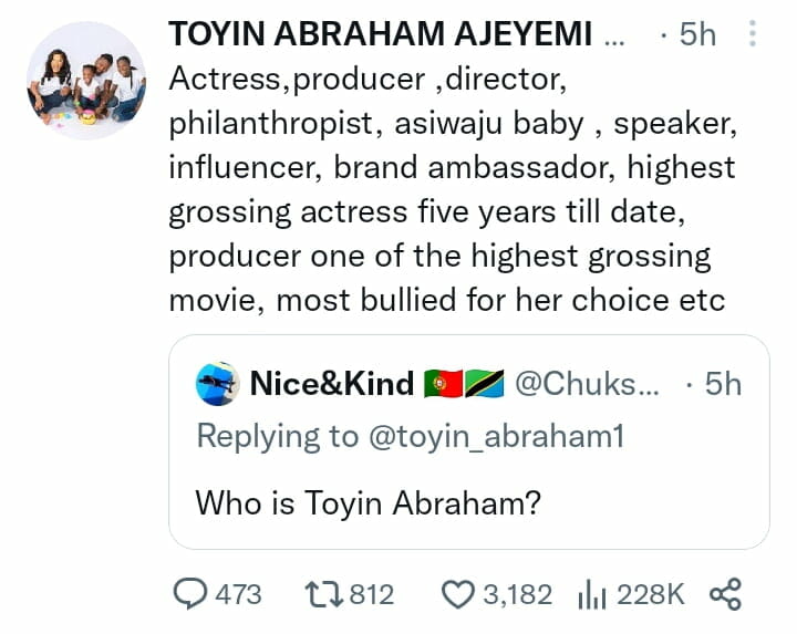 Toyin Abraham updates CV