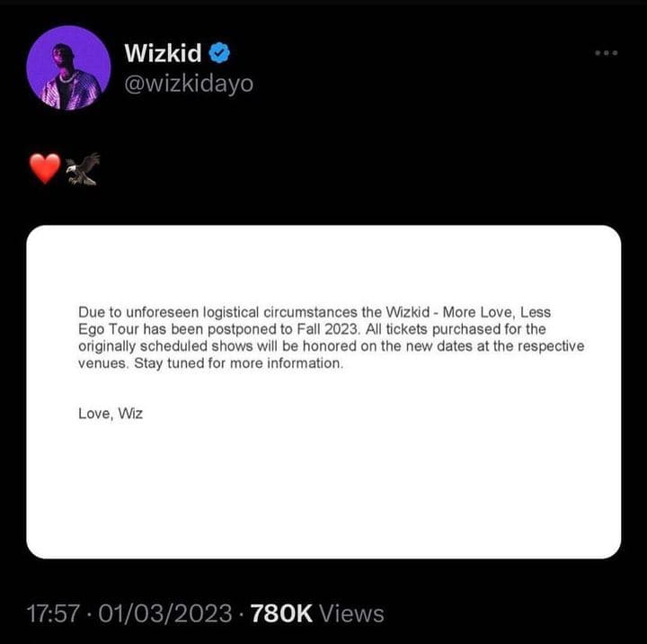 Wizkid postpones tour