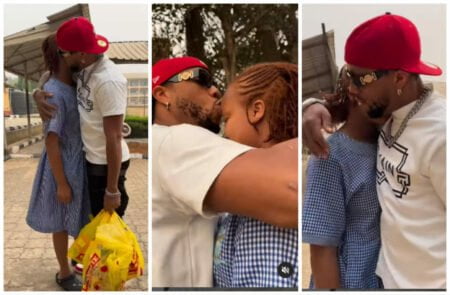 Fans gush as Charles Okocha's daughter tears up after he storms her school with provisions