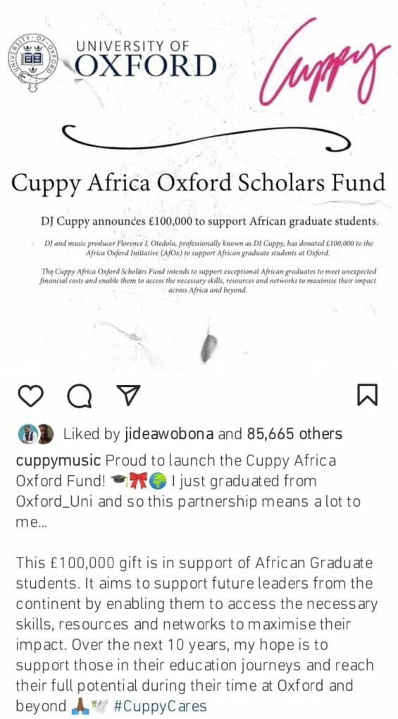 DJ Cuppy launches scholarship fund 