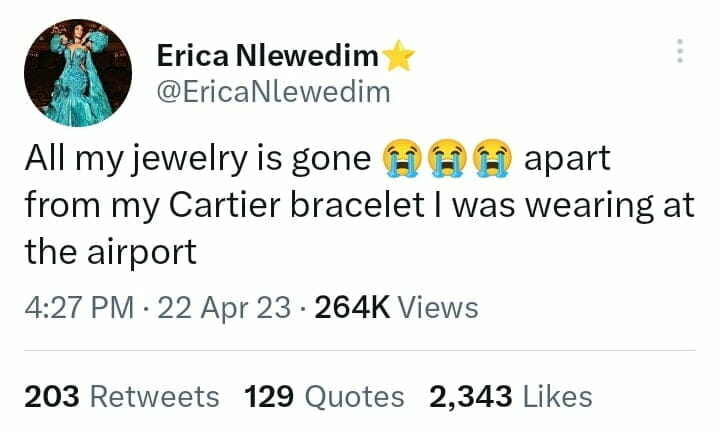 Erica Nlewedim loses jewelry