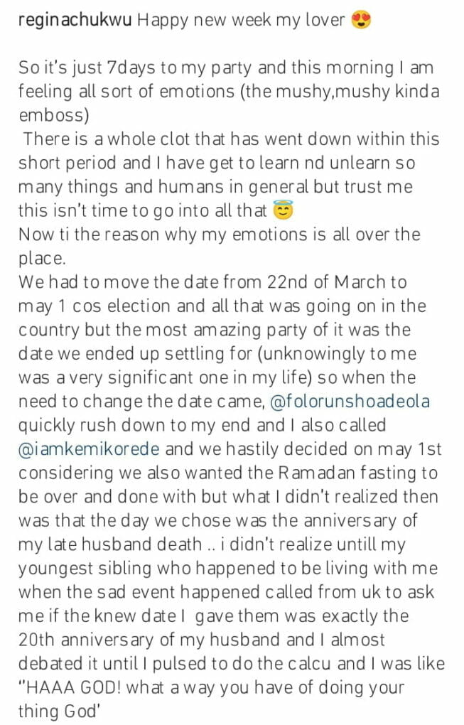 Regina Chukwu gets emotional as her housewarming party date clashes with her husband's 20th anniversary