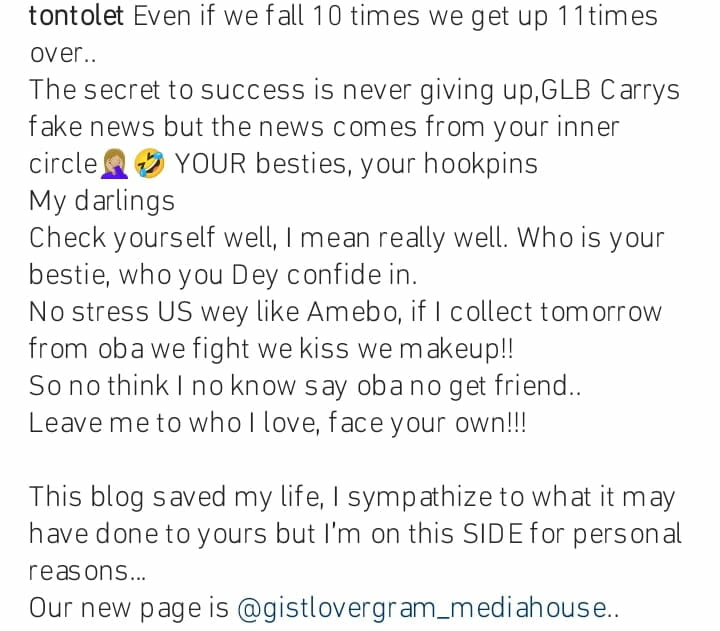 Tonto Dikeh pitches tent with Gistlover 