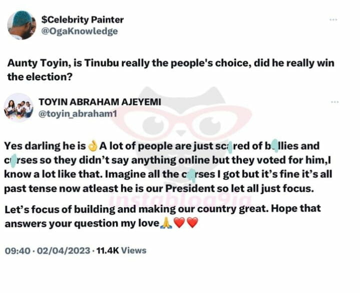 Toyin Abraham speaks on Tinubu's victory 