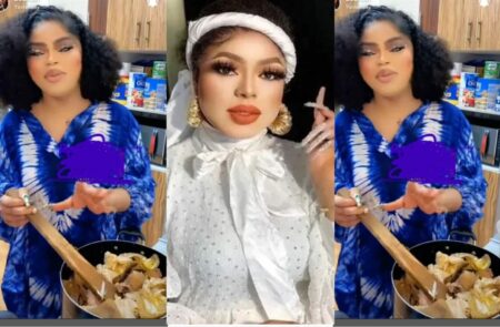 'I only use table water to cook', Bobrisky brags as he shows off cooking skills