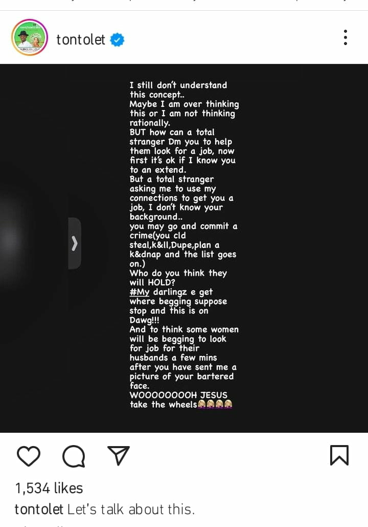 Tonto Dikeh questions why a stranger would dm her for job