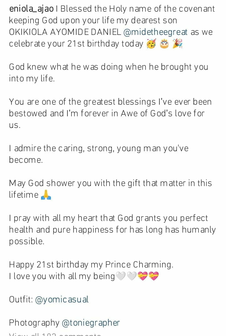Eniola Ajao celebrates son's 21st birthday