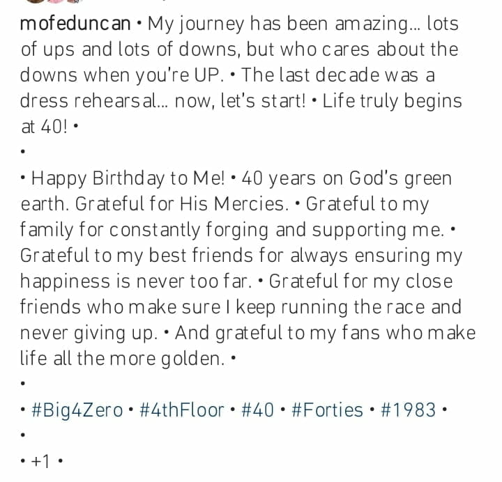 Mofe Duncan celebrates 40th birthday