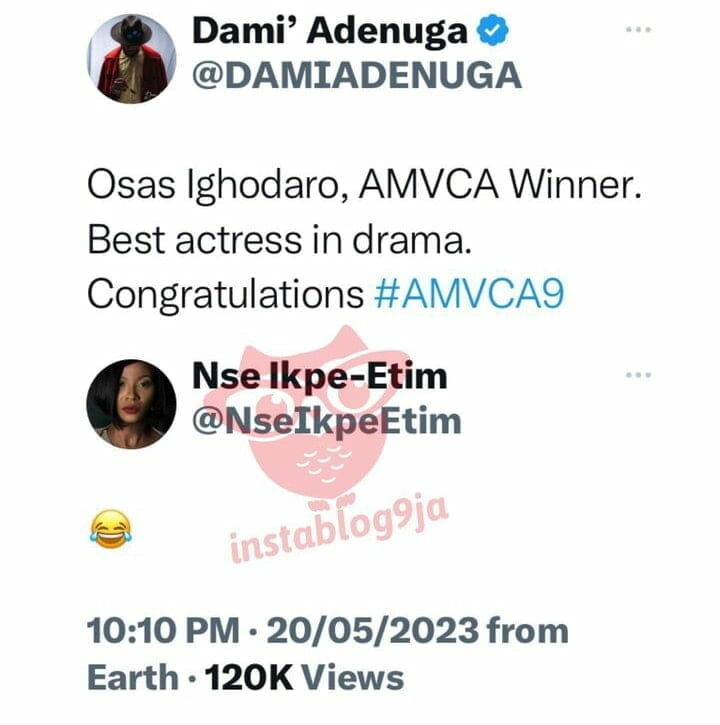 Nse Ikpe laughs over Osas Ighodaro's AMVCA win