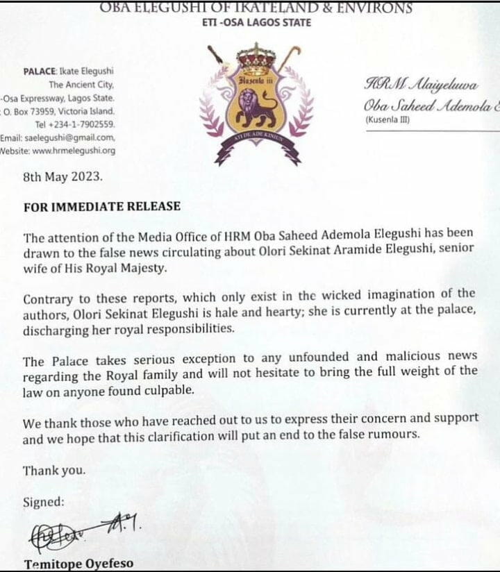 Oba Elegushi releases statement over Olori Sekinat