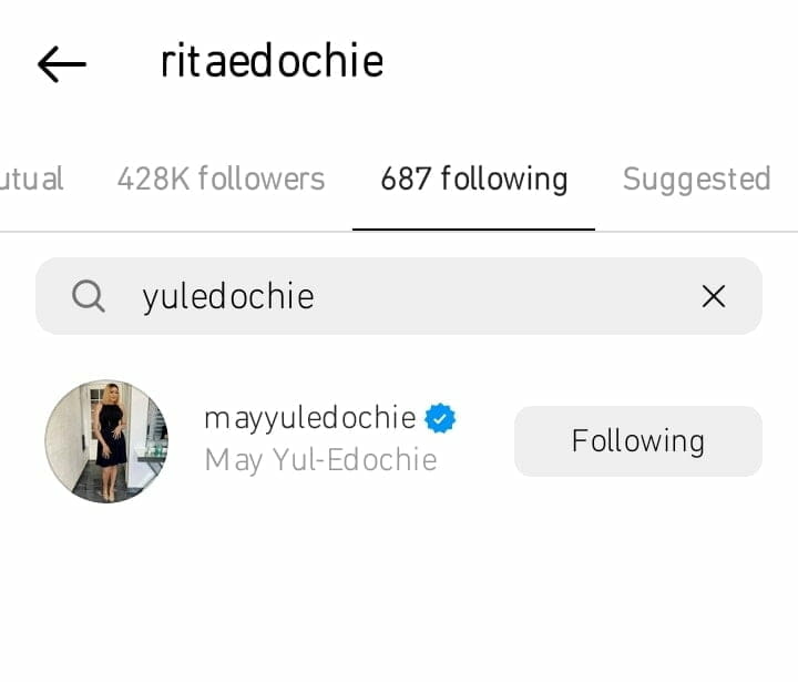 Yul Edochie and Rita Edochie unfollow each other