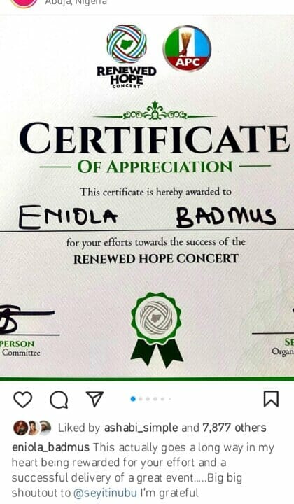 Eniola Badmus receives certificate of appreciation from Seyi Tinubu