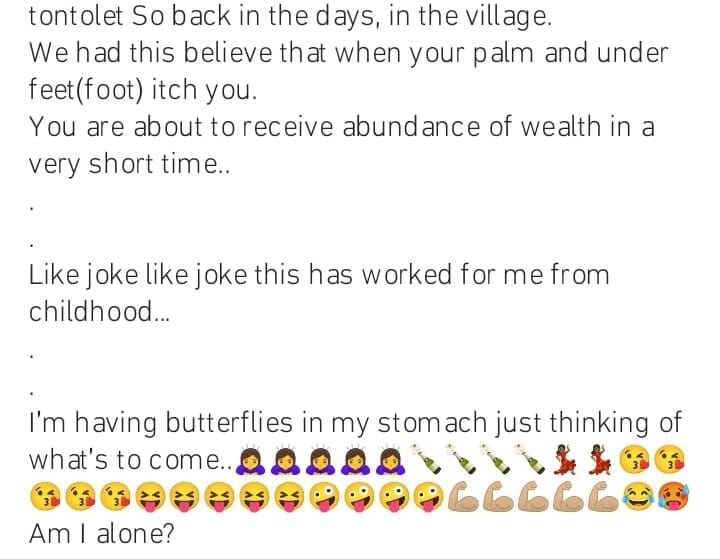 Tonto Dikeh excited as she wakes up to palms and under feet itching her 