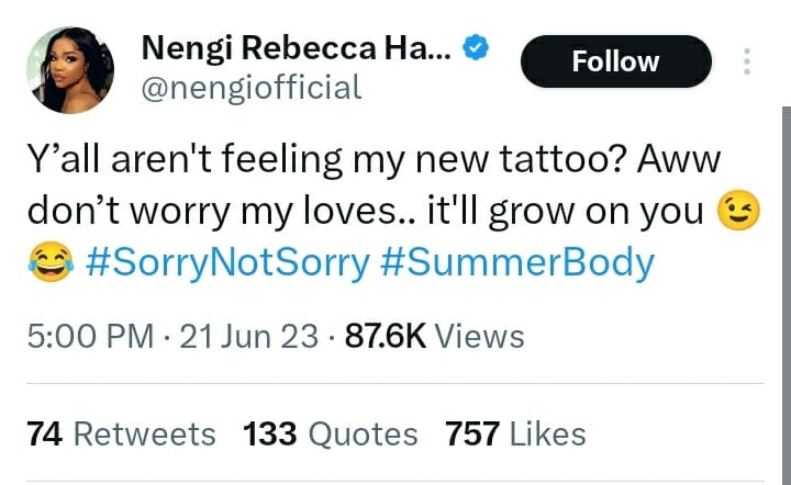 Nengi speaks on her new tattoo 