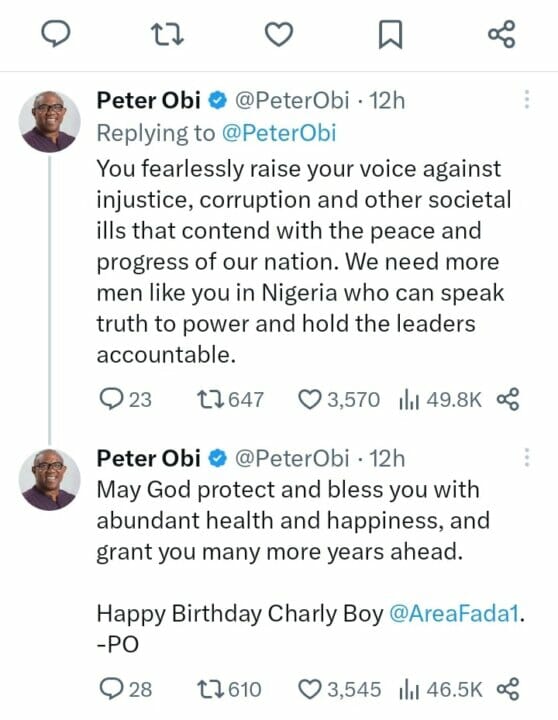 Peter Obi hails Charly Boy on his 73rd birthday
