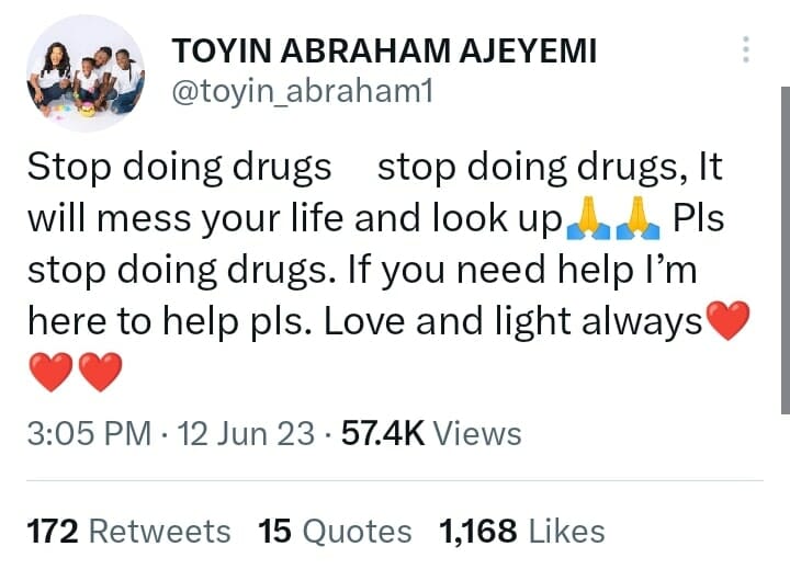 Toyin Abraham appeals to drug users