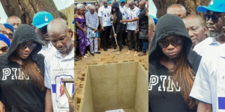 Mercy Johnson bids her father farewell after his burial