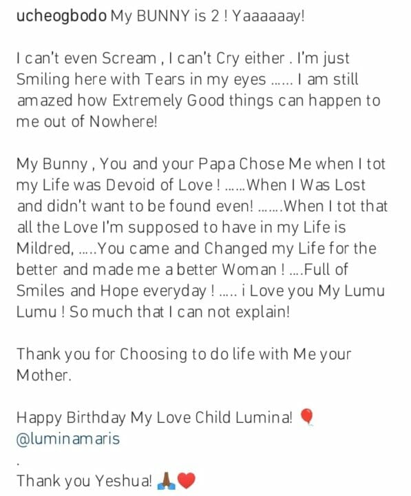 Uche Ogbodo pens note to daughter as she turns 2