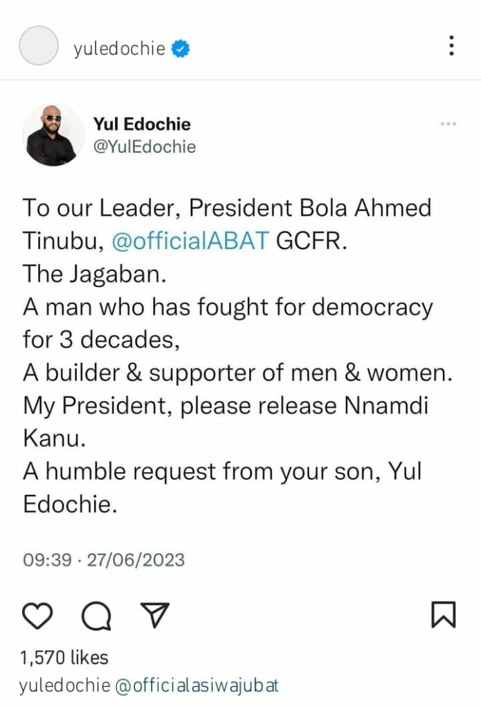 Yul Edochie pleads for Nnamdi Kanu's release