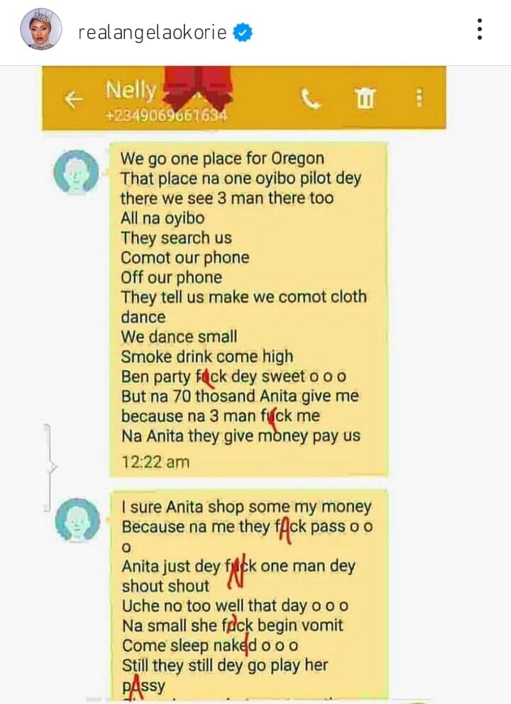 Angela Okorie shared conversation to proof Anita Joseph is a pimp