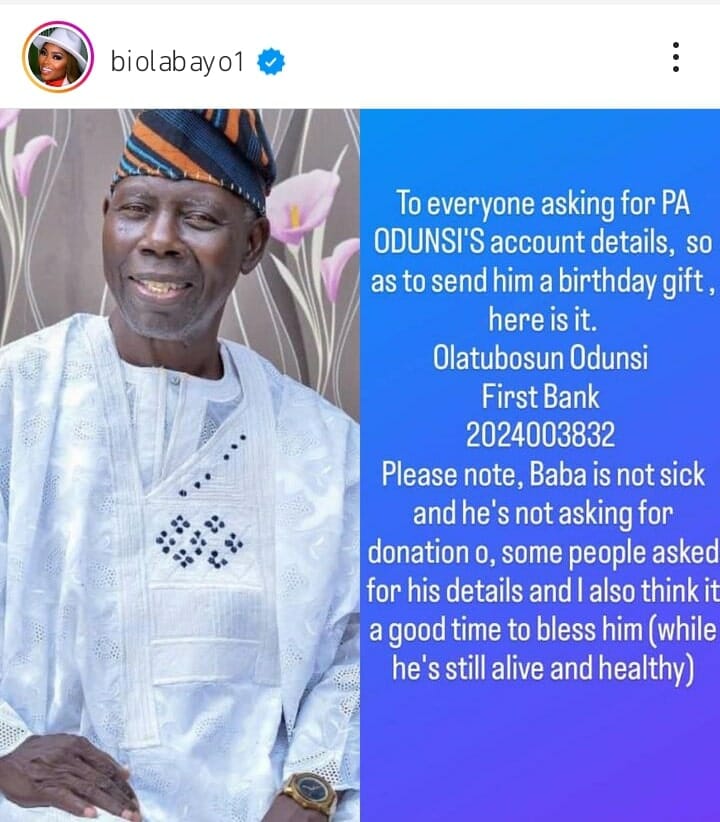 Biola Bayo celebrates Pa Olatunbosun Odunsi's birthday by gifting him cash