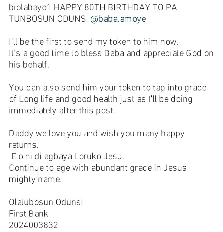 Biola Bayo celebrates Pa Olatunbosun Odunsi's birthday by gifting him cash