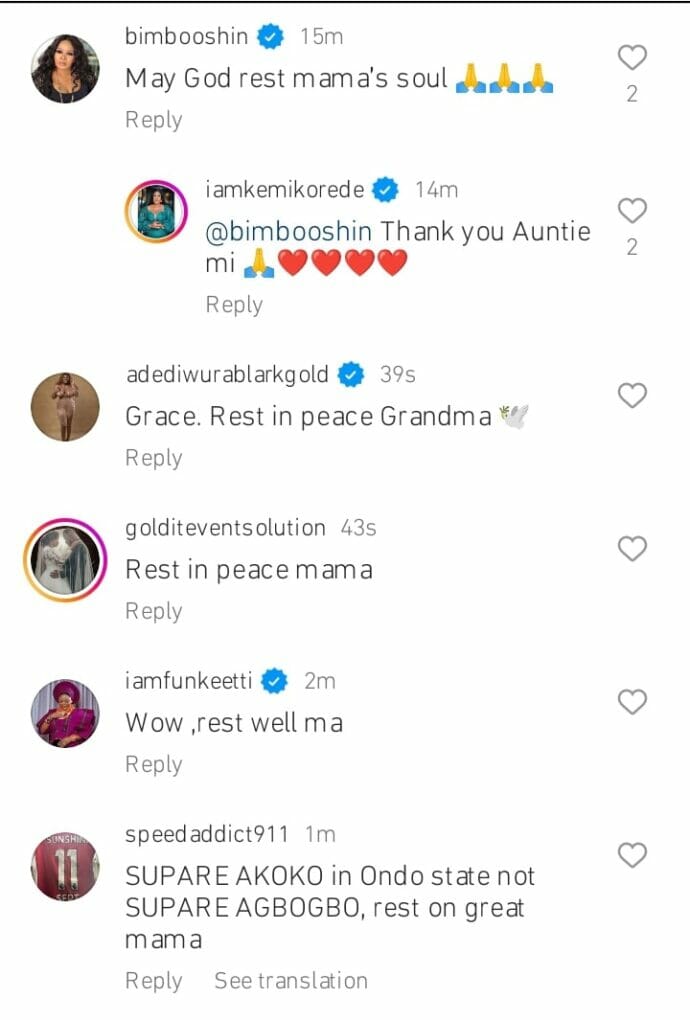 Reactions as Kemi Korede loses grandmother 