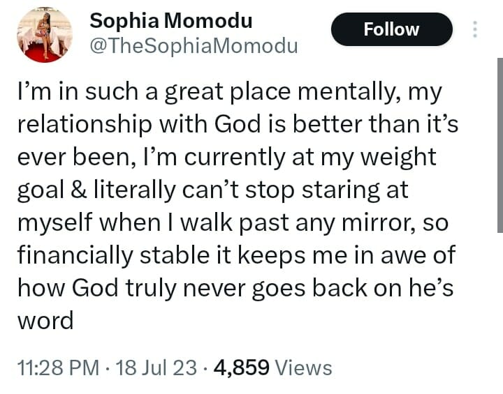 Sophia Momodu says she is in a great place mentally