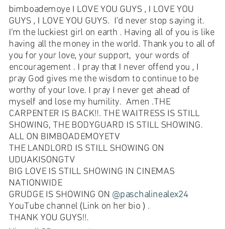 Bimbo Ademoye pens appreciation post to her fans