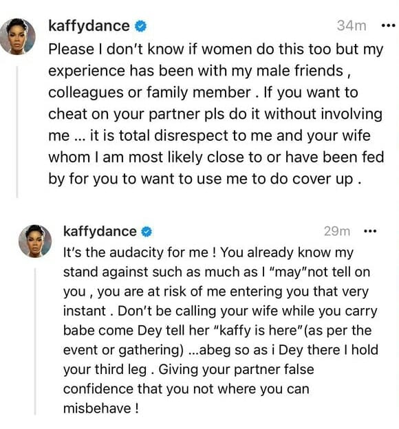 Kaffy warns male friends who cheat on their partners