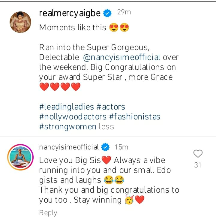 Nancy Isime reacts as Mercy Aigbe celebrates her win