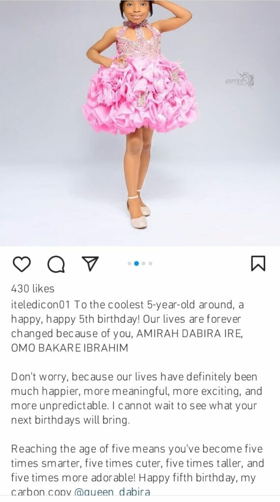 Itele celebrates daughter she turns 5