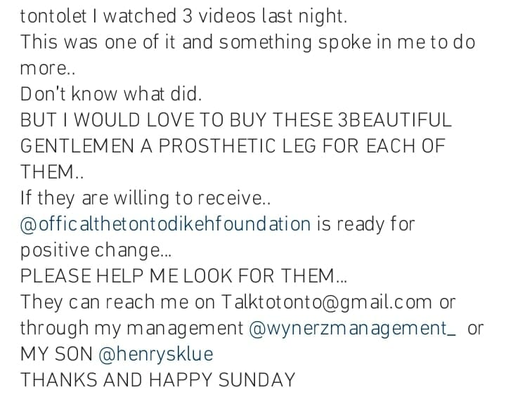 Tonto Dikeh to give disabled prosthetic legs
