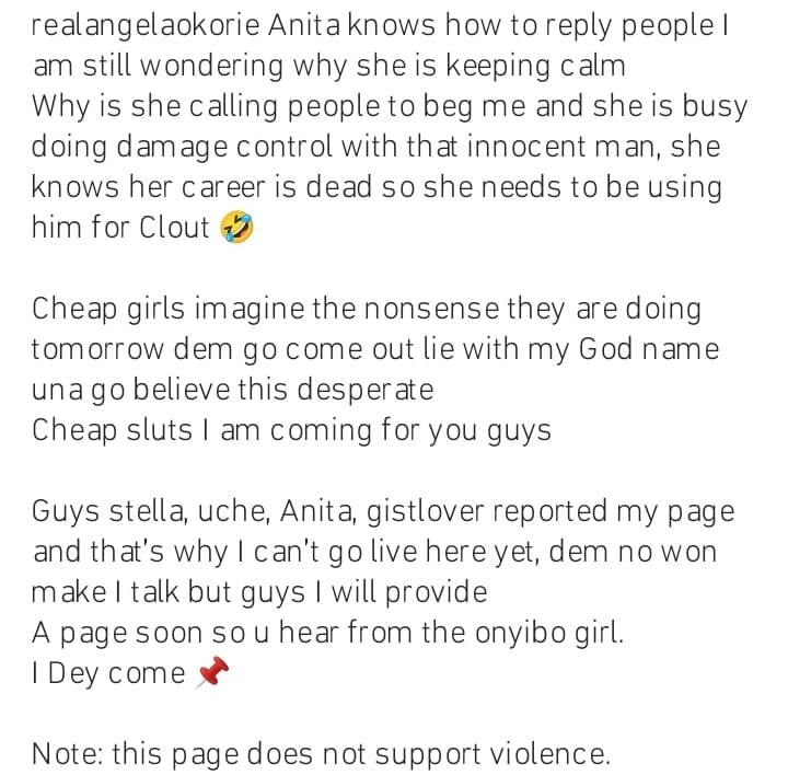 Angela Okorie shared conversation to proof Anita Joseph is a pimp