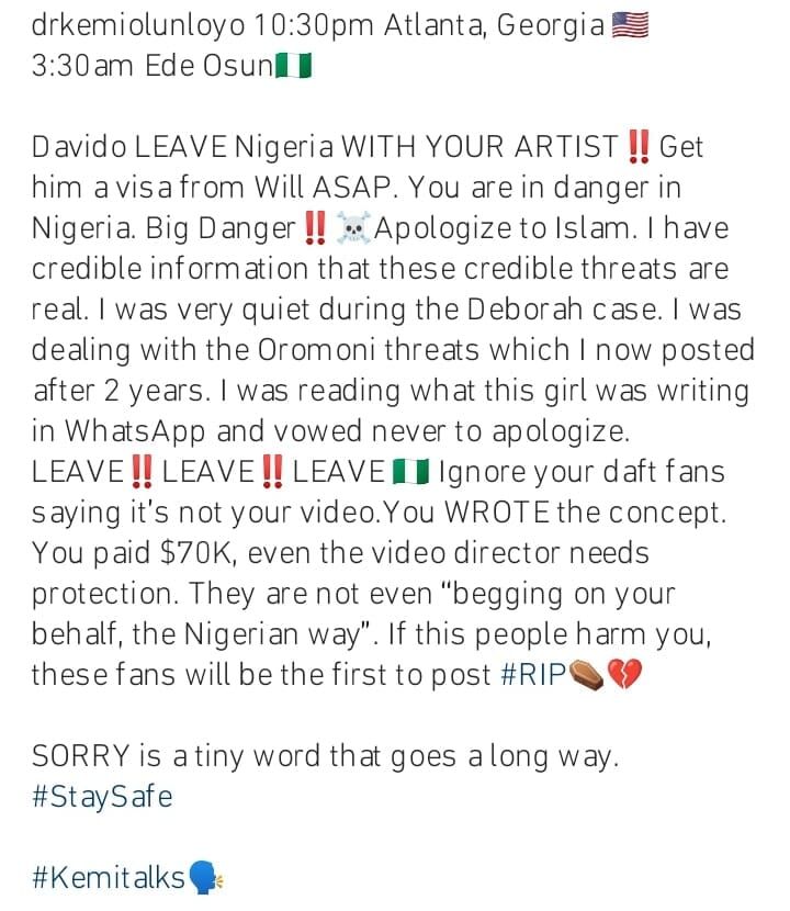 Kemi Olunloyo advises Davido to flee Nigeria