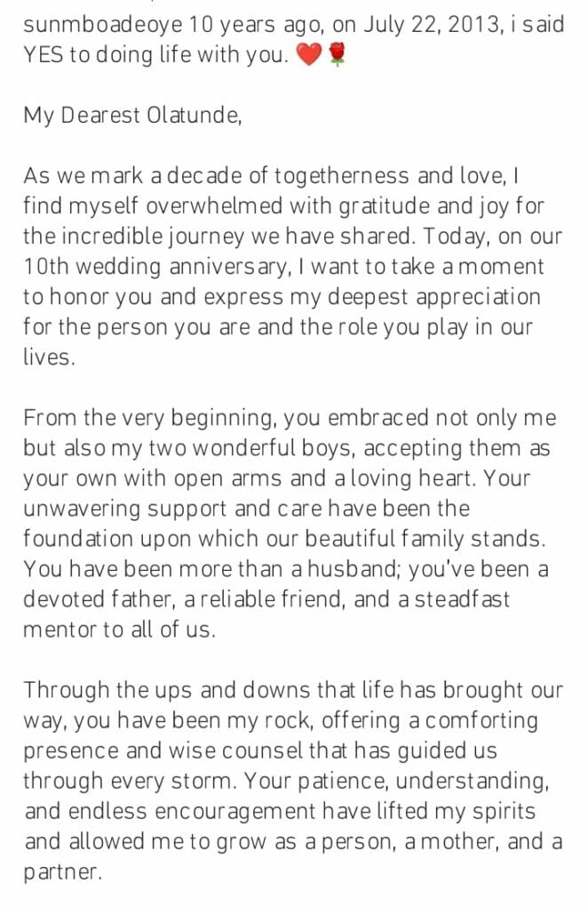 Sunmbo Adeoye appreciates her husband on 10th wedding anniversary