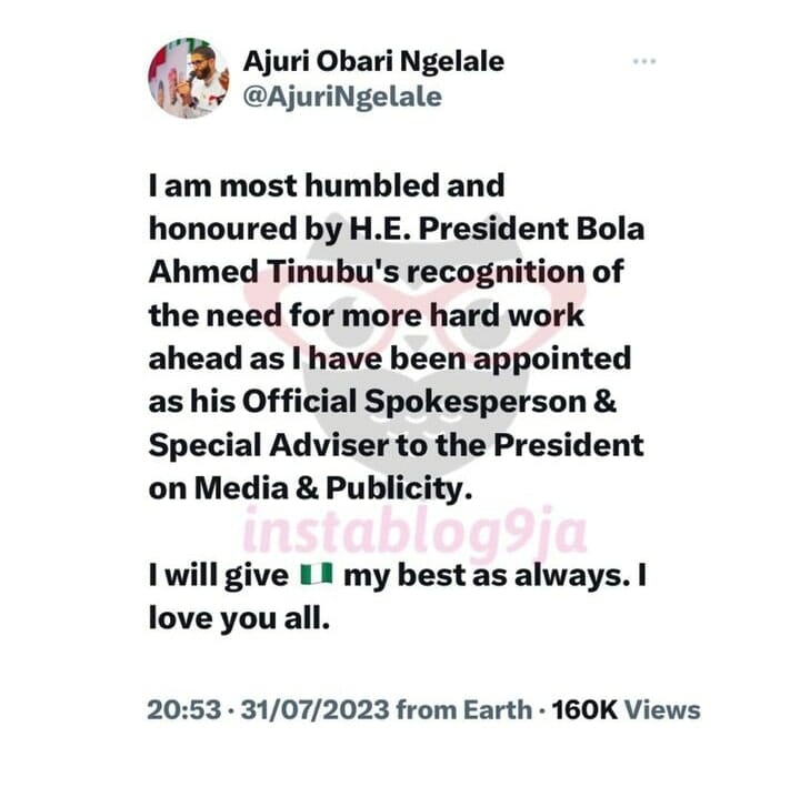 Nigerians react as Tinubu appoints Ajuri Ngelale as special Adviser