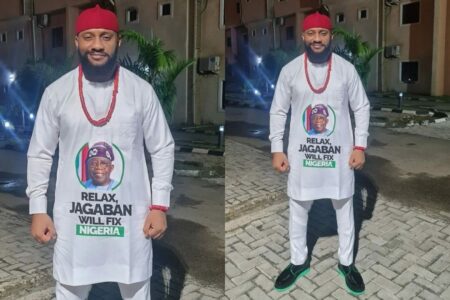 Yul Edochie wears an outfit with Tinubu's face on it
