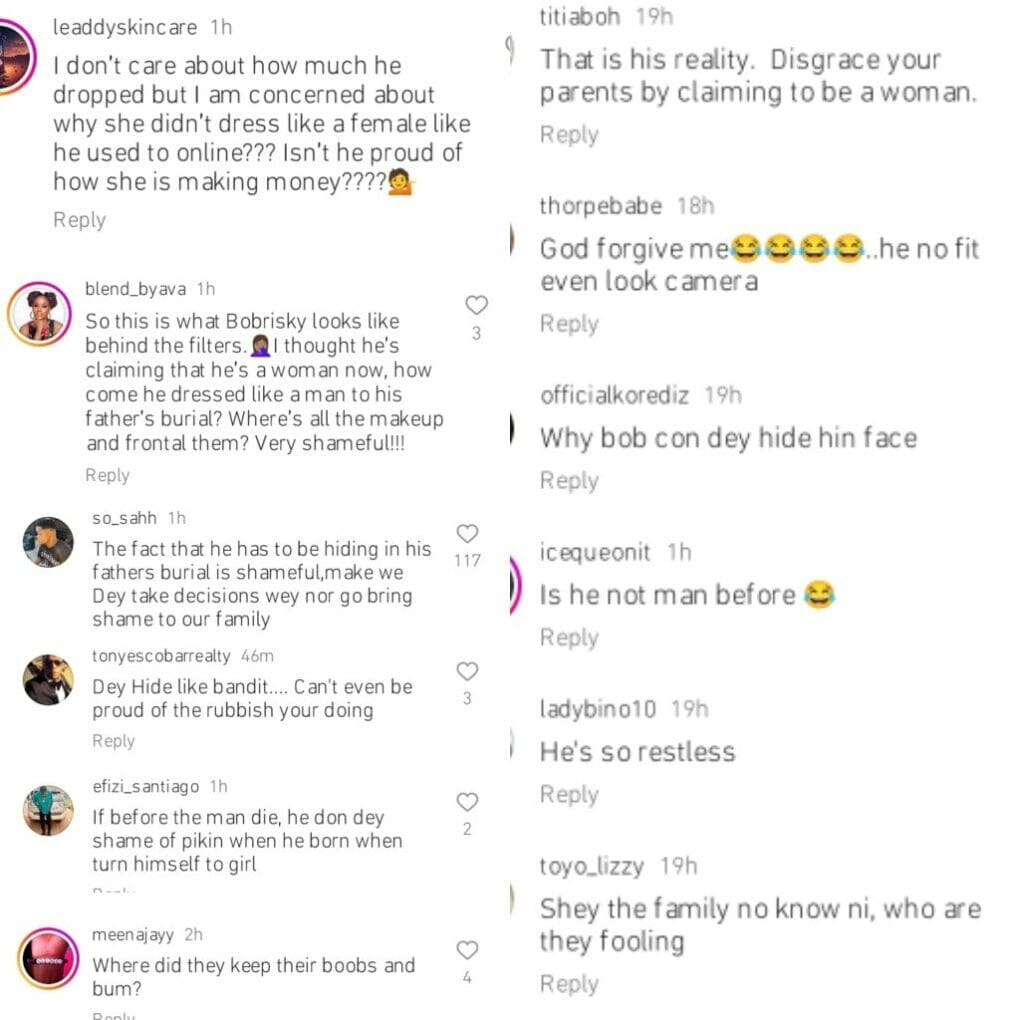 Bobrisky stirs reactions as he hides his face at father's burial