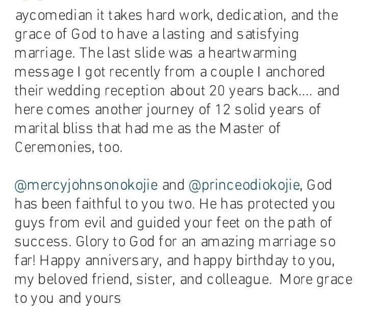 Ayo Makun celebrates Mercy Johnson and husband on their 12th anniversary